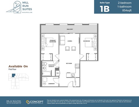 A floor plan for a 2-bedroom, 1-bathroom suite at Mill Run Suites.